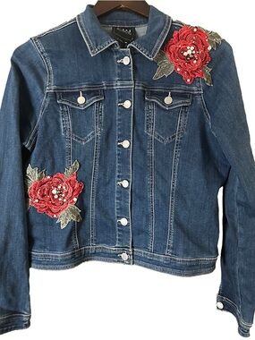 FDJ Embellished Dark Blue Denim Jacket with Red Floral Appliqué Women Size M